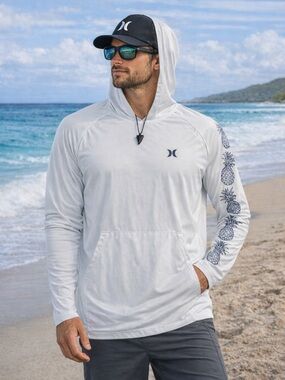 Hurley White Sun Hoodie L Lightweight UPF Beach Fishing Mens